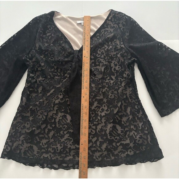 Dressbarn Babydoll Top L Black Lace Y2K Velvet Burnout Whimsigoth Bell Sleeve - Picture 6 of 15
